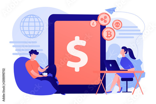 Businessman and woman transfer money with gadgets. Digital currency, cryptocurrency market, e-money transfer and digital money turnover concept. Living coral blue vector isolated illustration