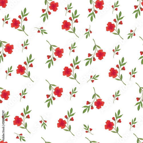 Red delicate flowers and leaves on a white seamless background