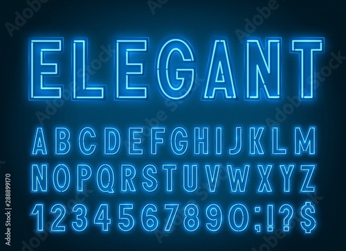 Neon elegant blue font  light alphabet with numbers on a dark background.