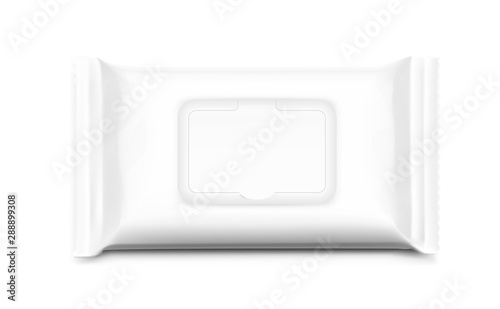 Wet wipes flow pack with realistic transparent shadows on white background. Taking your 2D designs into 3D. Can be use for medicine, food, cosmetic and other. EPS10.