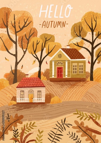 Hello autumn hand drawn greeting card vector template. Postcard, poster layout. Fall season landscape, countryside scenery, autumn mood. Rustic houses, cozy cottages illustration with typography.