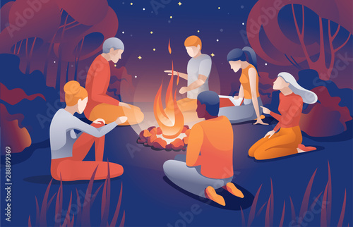Cartoon People Sit Bonfire at Summer Night Vector Illustration. Man Woman Friend Together Tell Scary Story near Fire. Summertime Camping Evening. Forest Wood Picnic. Nature Recreation.