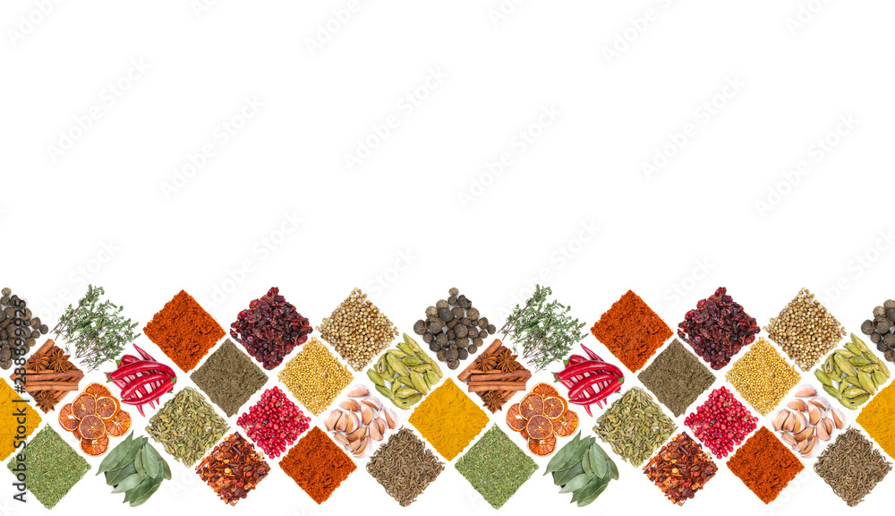 Seamless horizontal pattern with different spices - obrazy, fototapety, plakaty 