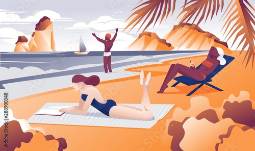 Cartoon Girl on Blanket Read Book. Woman Sunbathing on Beach Chair Drink Coctail. Man Swim in Sea Vector illustration. Tropical Beach, Summer Travel, Paradise Vacation. Ocean Shore Coast