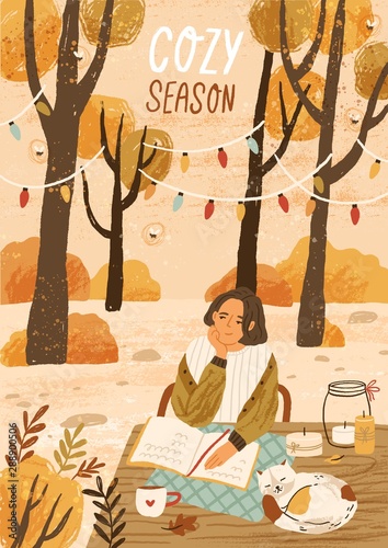 Cozy season hand drawn greeting card vector template. Autumn mood placard, ba...