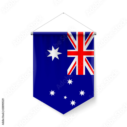 Vertical Pennant Flag of Australia as Icon on White with Shadow Effects. Patriotic Sign in Official Color and Flower, Australian Flag with Metallic Poles Hanging on the Rope