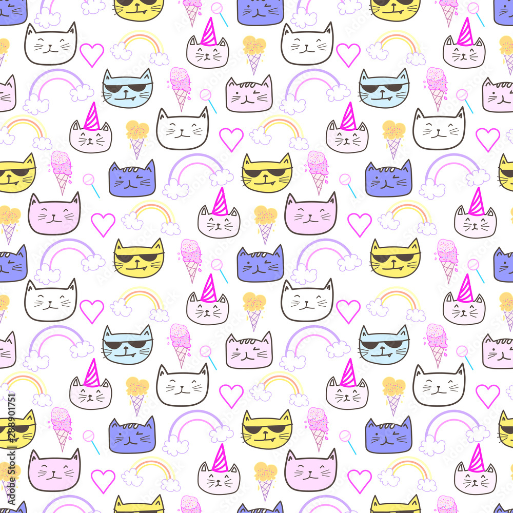 Happy cat seamless pattern background. Vector illustration.