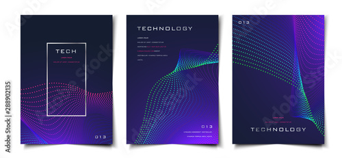 Set of digital technology abstract futuristic dotted flowing wavy particles background layout, cover, poster, wallpaper design template