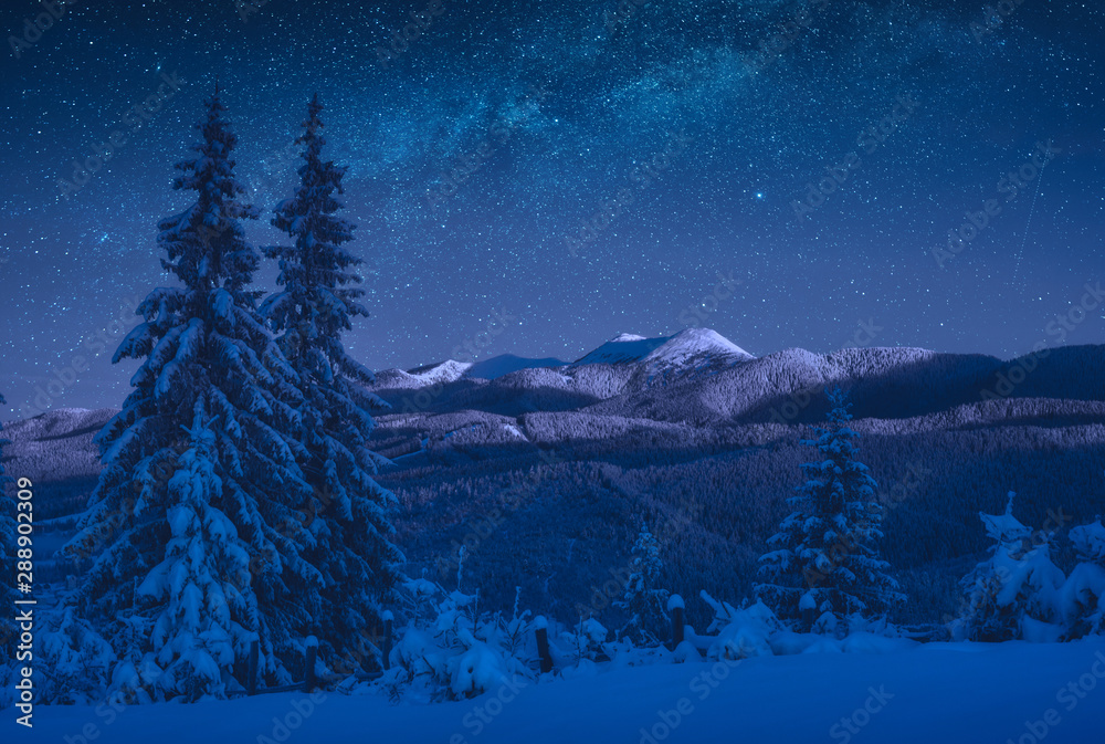 Snowy mountains under the starry sky