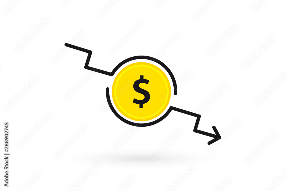 Cost reduction. Concept of financial crisis, market fall bankruptcy or budget recession. Dollar rate decrease. Money loss Cost reduction. Concept of financial crisis, market fall bankruptcy or budget recession. Dollar rate decrease. Money loss