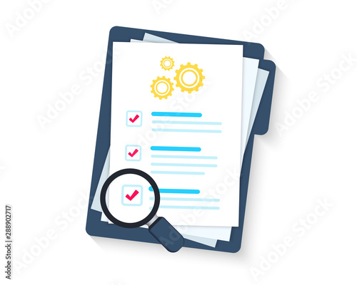 Service clipboard. Clipboard or checklist. Technical check list. Technical support check list, magnifying glass solution, software upgrade. Testing services. Technical terms and conditions photo