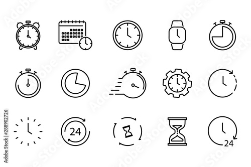 Time and Clock set of linear icons. Time management. Timer, Speed, Alarm, Restore, Time Management, Calendar and more. Collection of time, clock, watch, timer vector simple outline icons for web