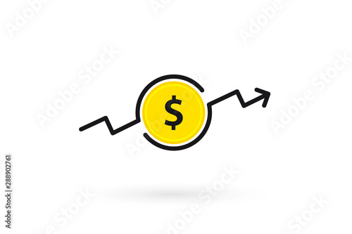 Dollar rate increase. Money symbol with arrow up. Cash salary increase, investment growth. Ьoney gain, earnings.