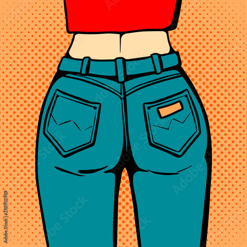 Woman in high waisted jeans. Back view. Pop Art vintage vector illustration