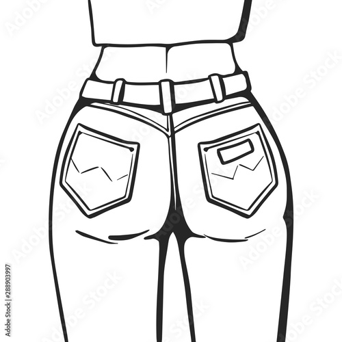 Woman in high waisted jeans. Back view. Vector illustration