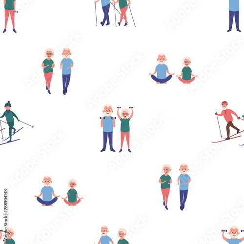Happy elderly man and woman goes in for sports set. Skiing, dumbbell exercises, running, yoga, nordic walking. Elderly people active lifestyle seamless pattern. Vector illustration