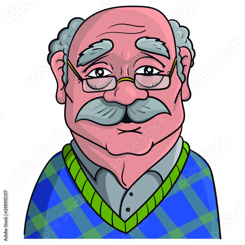 funny drawing of an old grandpa with glasses and plaid pullover. thick mustache and smiling face. avatar, cartoon.