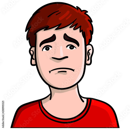 Head of a sad boy, with brown fuzzy head and red t-shirt. avatar, illustration, comic, face, emotion.