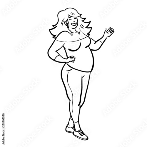 a chubby woman who laughs, is in sporty clothes there and points to the side. Cartoon, illustration, monochrome, presentation.