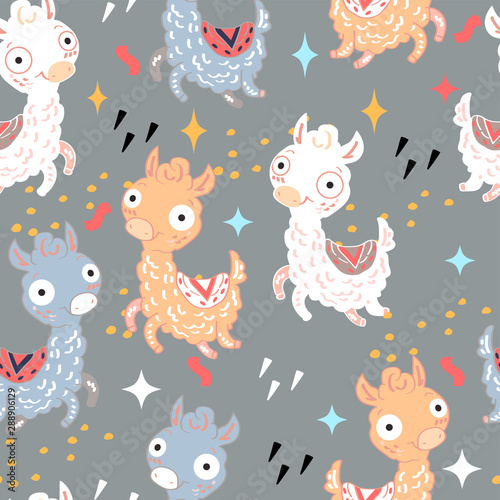 Seamless pattern with multicolored happy llamas on white background. Suitable for textile, packaging paper.