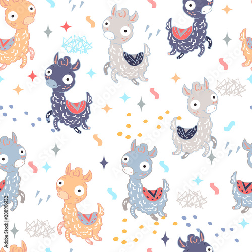 Seamless pattern with multicolored happy llamas on white background. Suitable for textile, packaging paper.