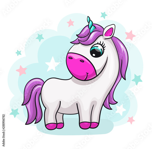 Unicorn baby cute print. Sweet tiny pony. Cool animal with star background