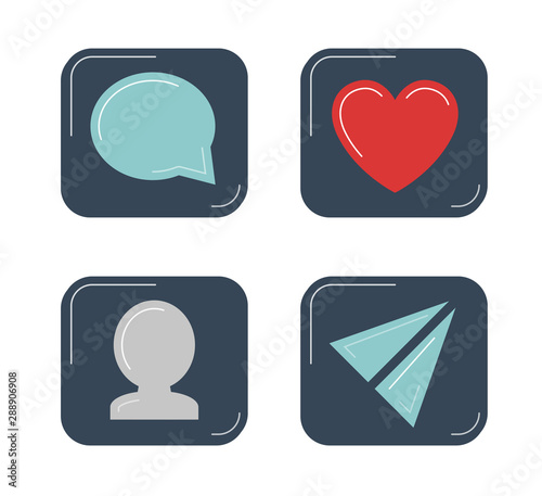 Social networks icons set. Post or comments, new subscribers, likes and reposts
