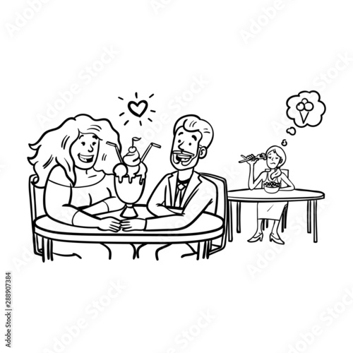 A chubby woman is sitting in the cafe sharing a cup of ice cream with her boyfriend.  They look in love with each other's eyes.  a woman at the next table looks over enviously.