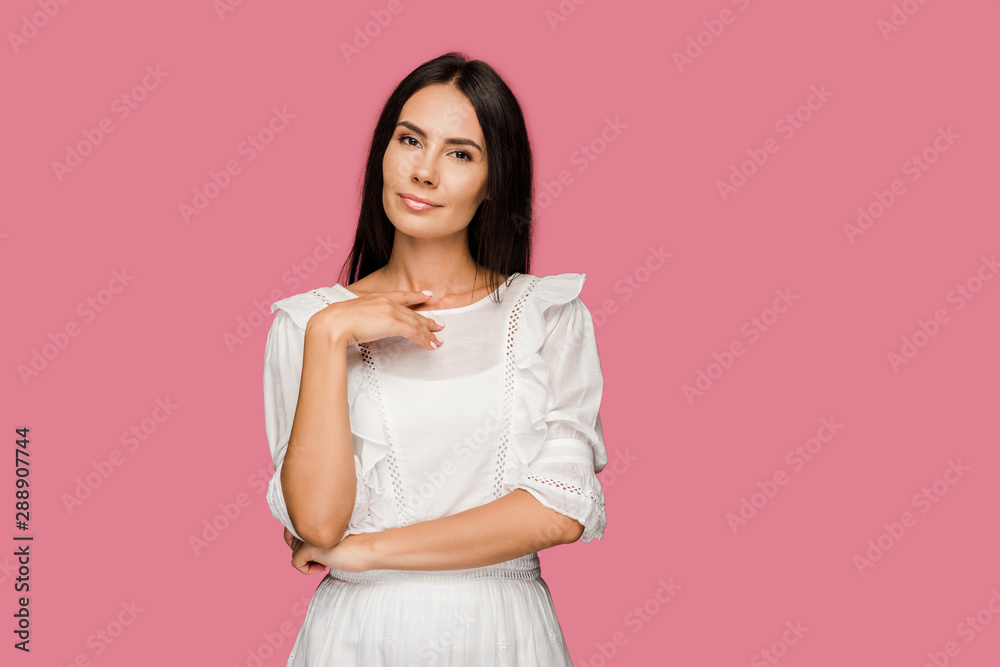 attractive woman in dress standing and looking at camera isolated on pink attractive woman in dress standing and looking at camera isolated on pink