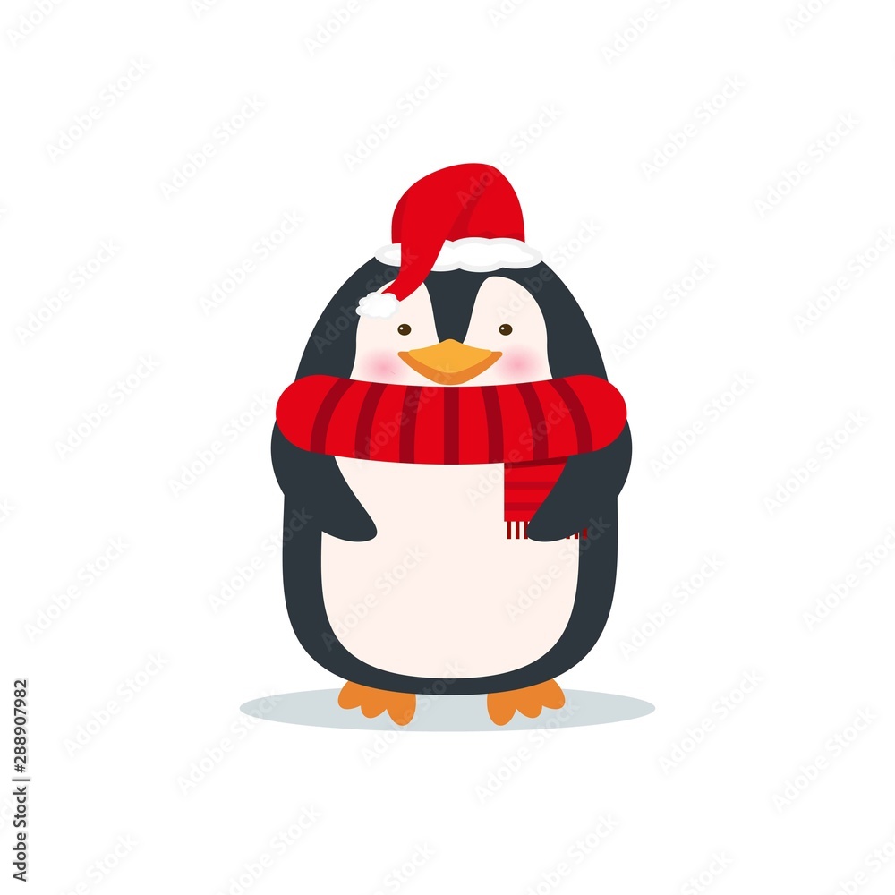 Fototapeta premium Cute penguin in Santa hat and scarf. Christmas cartoon character.New year holiday card