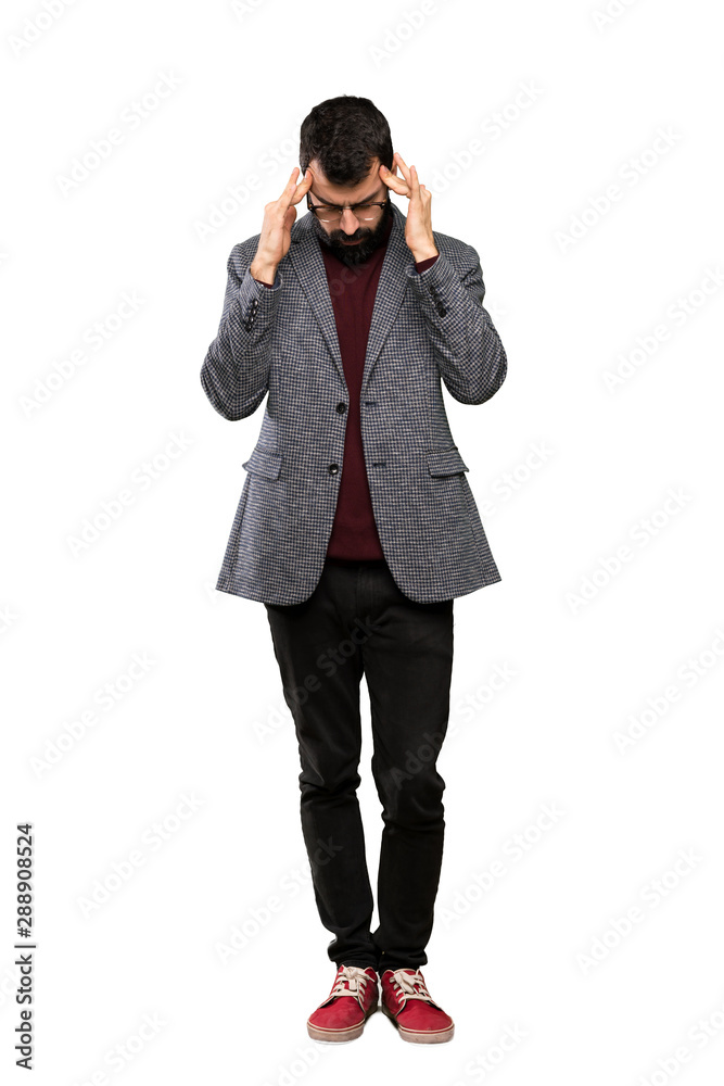Handsome man with glasses with headache over isolated white background Handsome man with glasses with headache over isolated white background