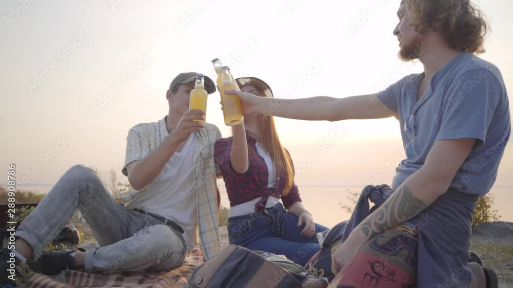Group of young friends making picnic with guitar and cold beer or limonade chilling and having fun with good mood