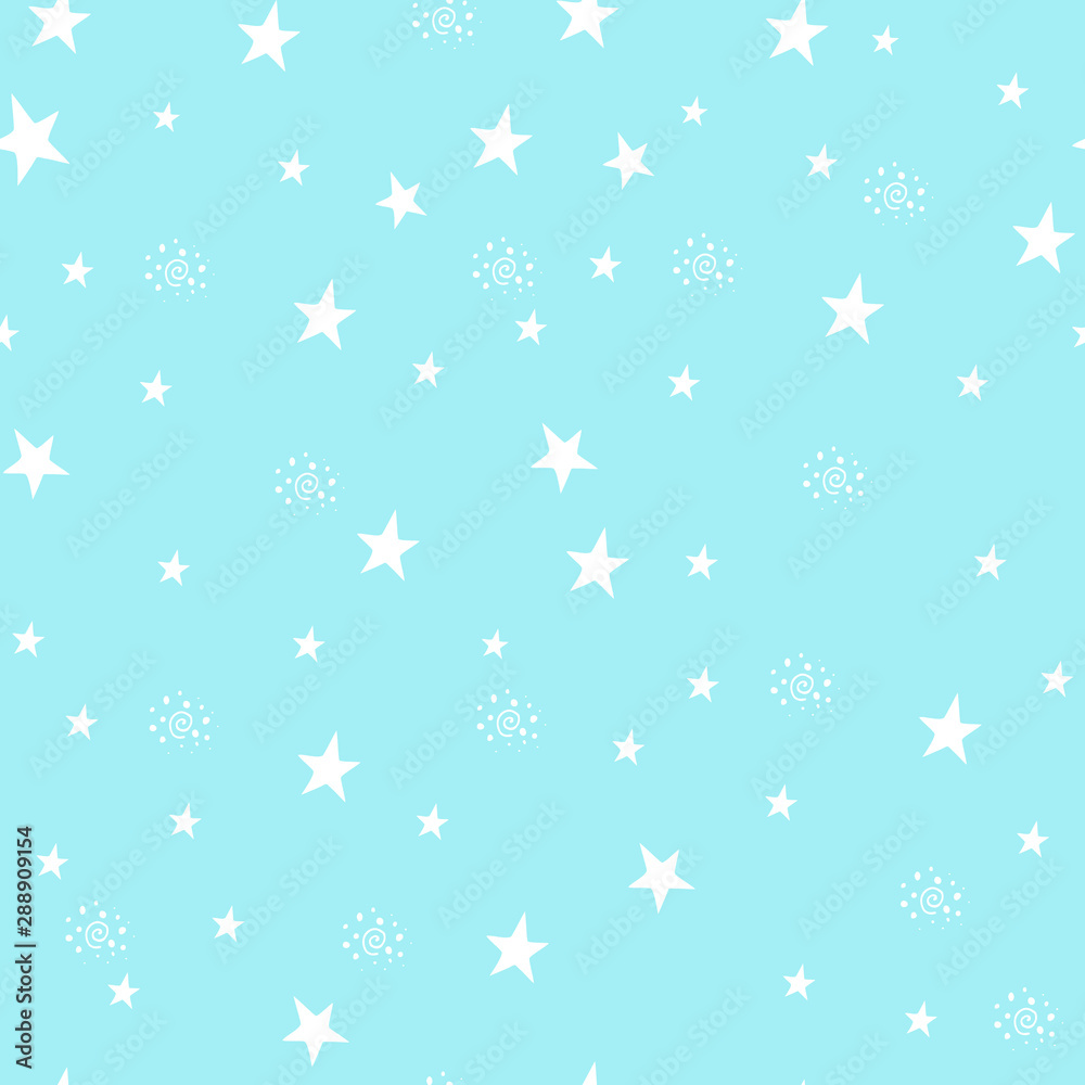 Seamless pattern with stars and abstract curl. Winter romantic design. Vector hand drawn, perfect for wrapping paper, fabric, print, greeting cards decoration