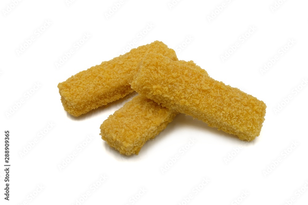 Fish sticks with crumbs on  white background