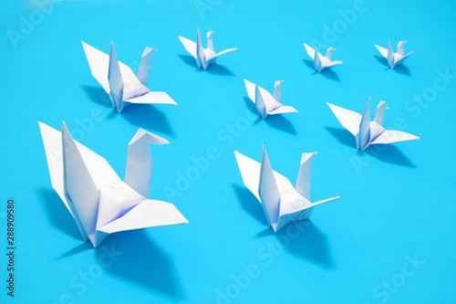 origami birds are flying on blue sky background. freedom concept.