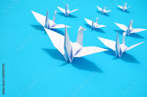origami birds are flying on blue sky background. freedom concept.