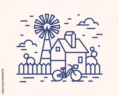 Rural house, farm outline vector illustration. Blue linear farmland isolated on white background. Building with fence, wind pump and bicycle monocolor line art signs. Countryside cottage, ranch.