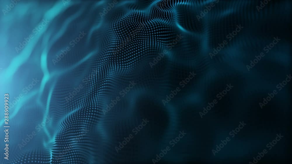 Abstract blue surface shape and light particles in organic motion. 4K seamless loop with depth of field. Technology and science motion background