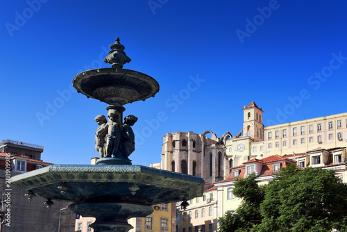 bronze fountains at Praca Dom Pedro IV, Rossio square in Lisbon, Portugal