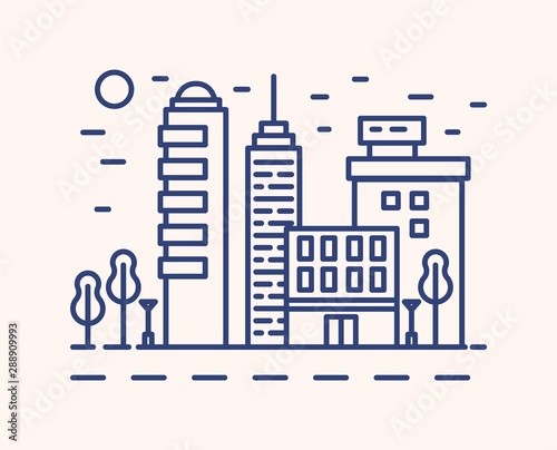 Modern cityscape outline vector illustration. Blue linear urban landscape iso...