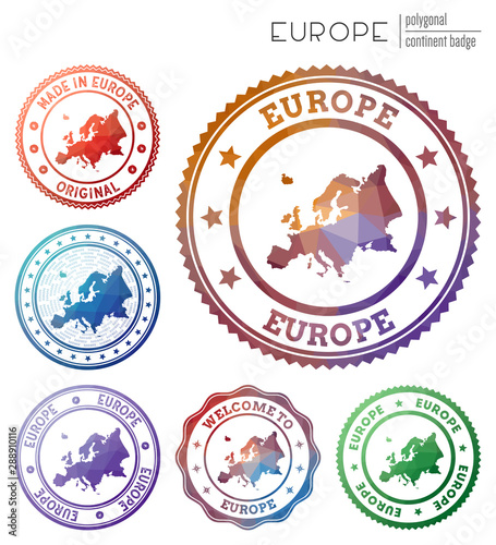 Europe badge. Colorful polygonal continent symbol. Multicolored geometric Europe logos set. Vector illustration.