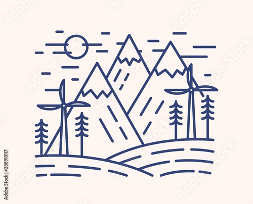 Wind turbines outline vector illustration. Blue linear wind farm isolated on ...