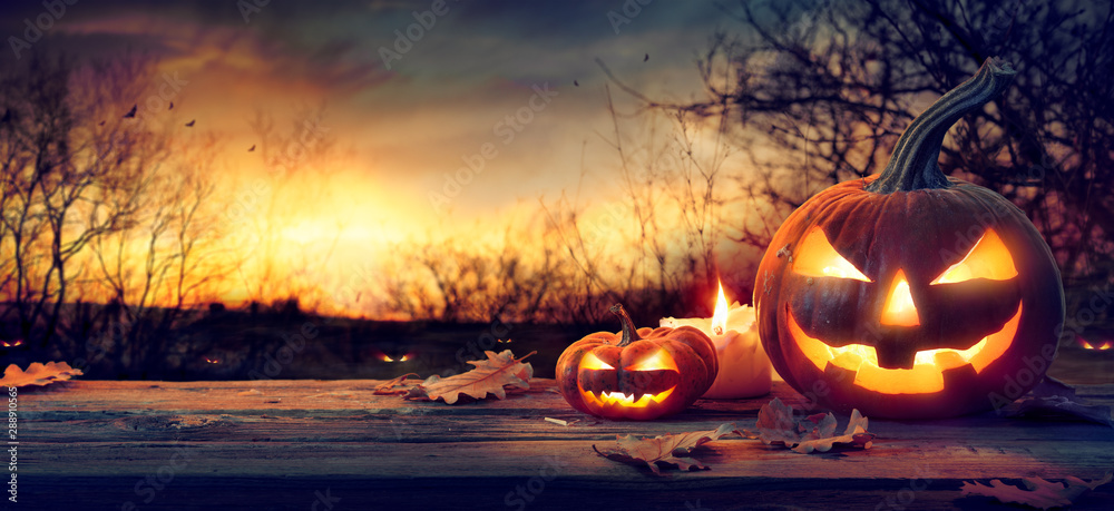 Jack O’ Lanterns In Spooky Forest With Ghost Lights - Halloween Background - obrazy, fototapety, plakaty 