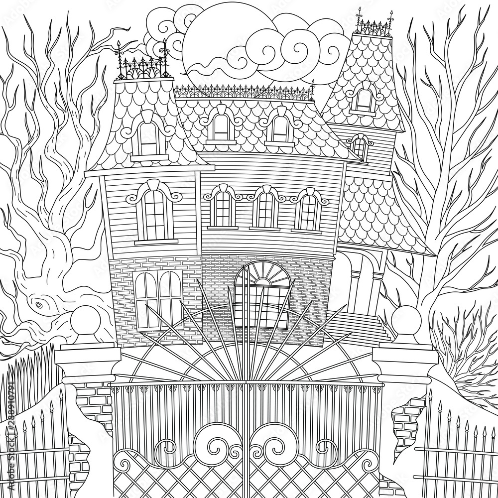Line art design of haunted house victorian style, Happy Halloween them, for printing, adult coloring and other design element. Vector illustration