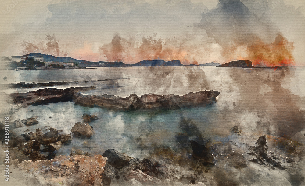 Digital watercolor painting of Sunrise over rocky coastline on Meditarranean Sea landscape in Summer