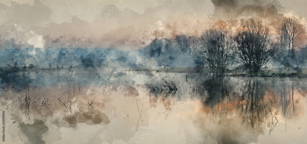 Digital watercolor painting of Landscape of lake in mist with sun glow at sunrise