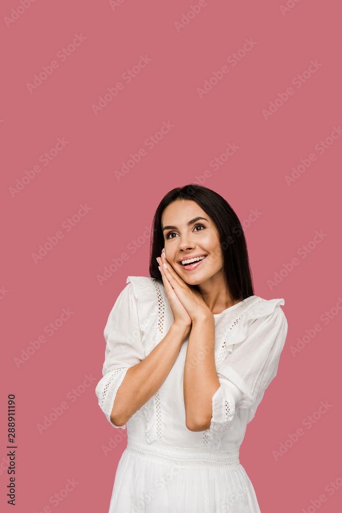 happy and dreamy woman in white dress isolated on pink happy and dreamy woman in white dress isolated on pink