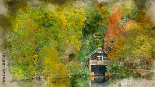 Digital watercolor painting of Stunning colorful vibrant Autumn Fall landscape image of boathouse on lake in forest scene