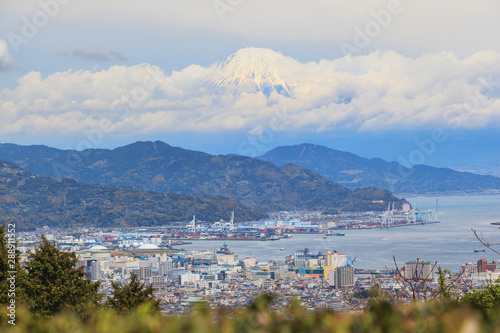 Cityscape of Shimizu bay with top of mount Fuji view from Nihondaira at Shizuoka prefecture, Japan