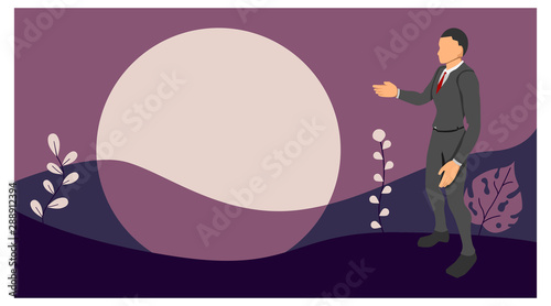 Vector male character displays empty templates. provision of empty presentations.